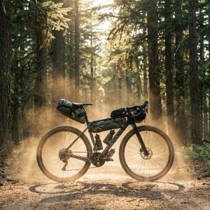 Bikepacking gravel bike with frame bags riding through a forest trail in Canada
