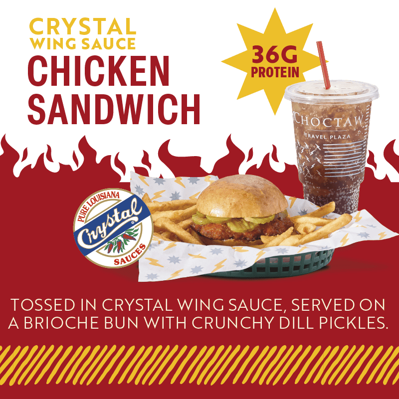 Crystal Wing Sauce Chicken Sandwich with fries, and a drink.