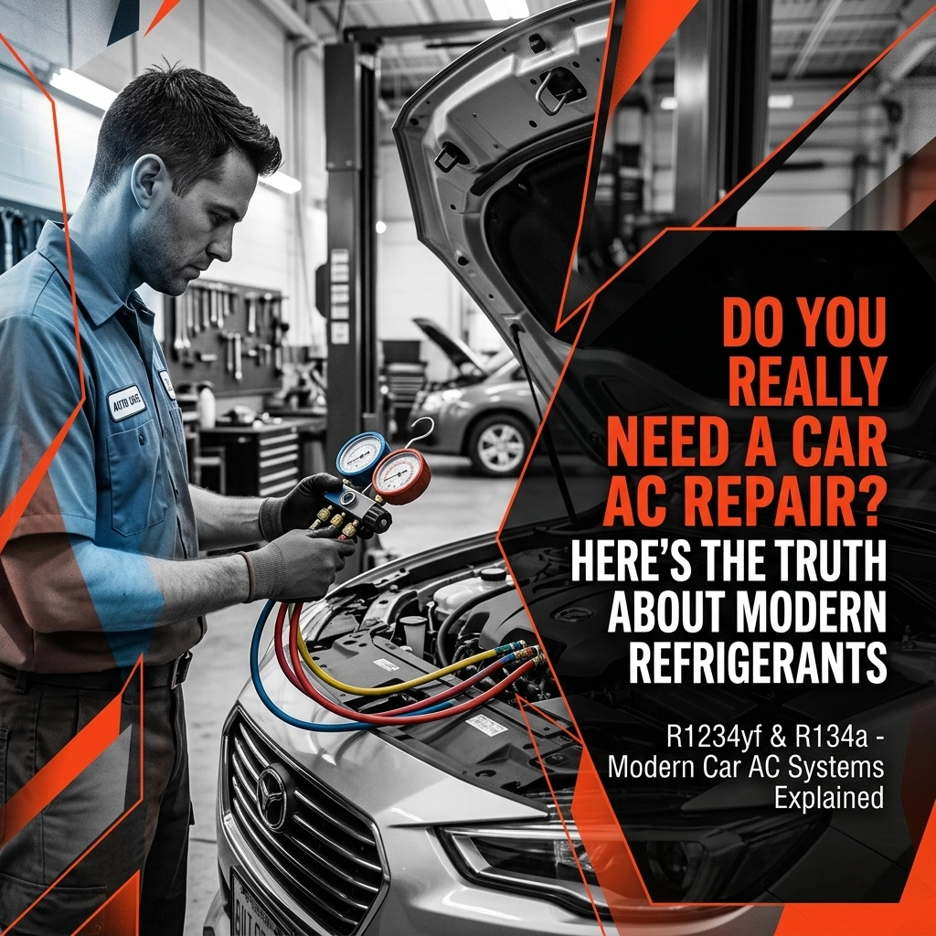Auto repair technician checking car air conditioning system with gauges.
