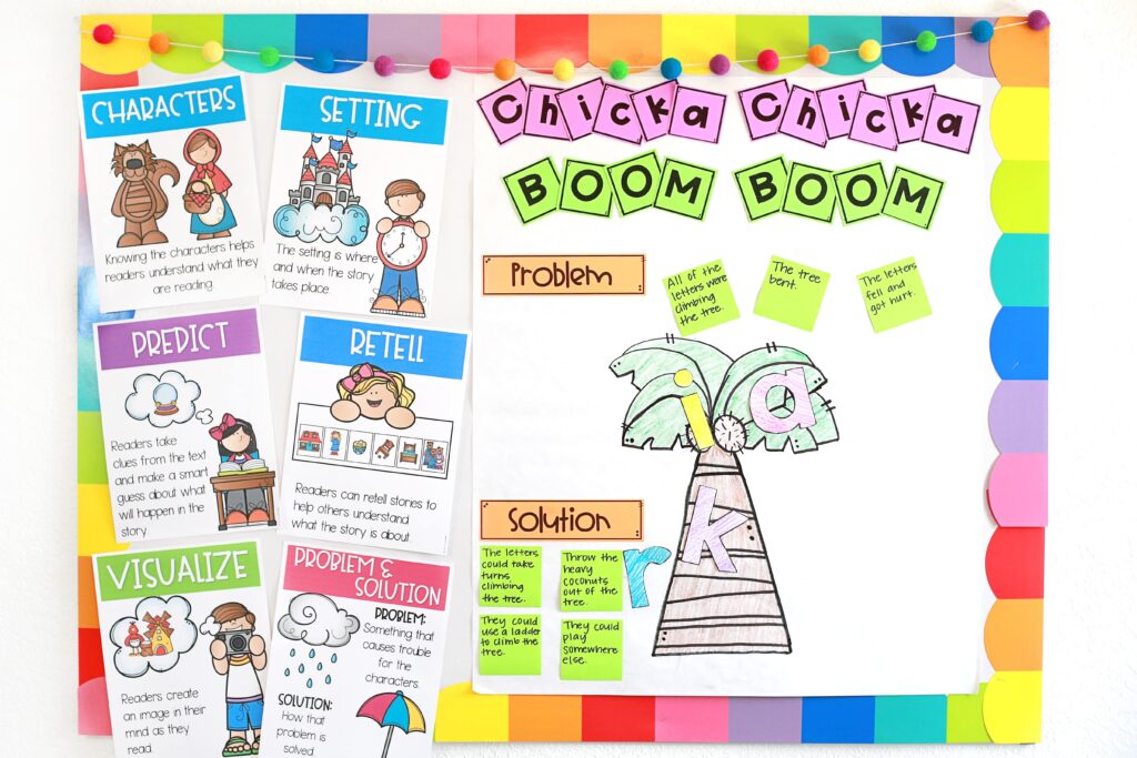 A bulletin board with Chicka Chicka Boom Boom visuals