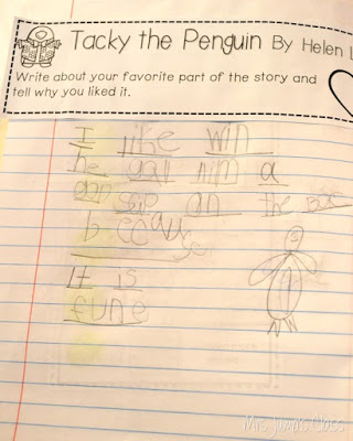 Winter close reading with your favoite books. Perfect for kindergarten and first grade. Reading comprehension, opinion writing and more. Tacky the Penguin and FREE lesson plans for The Mitten by Jan Brett.