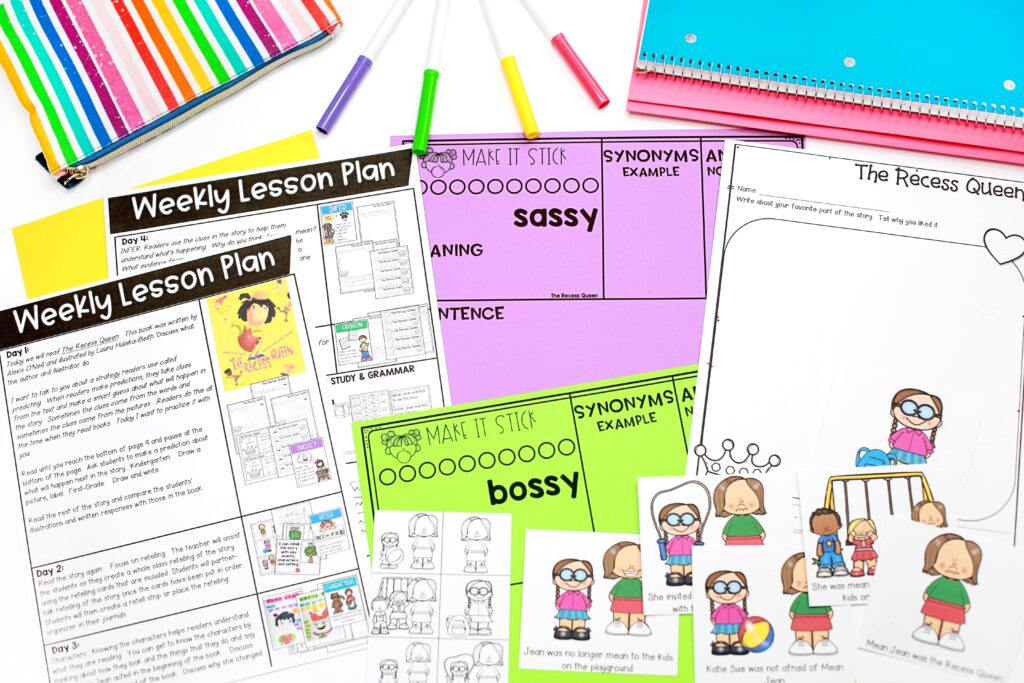 A variety of printables and lesson plans for The Recess Queen