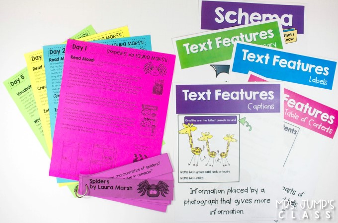 Spider informational text activities for kindergarten and first grade. This is a week long unit of study using a nonfiction book to learn about text features such as the table of contents, labels, captions, and glossary. Your students will love this fun set of lesson plans for your close read!