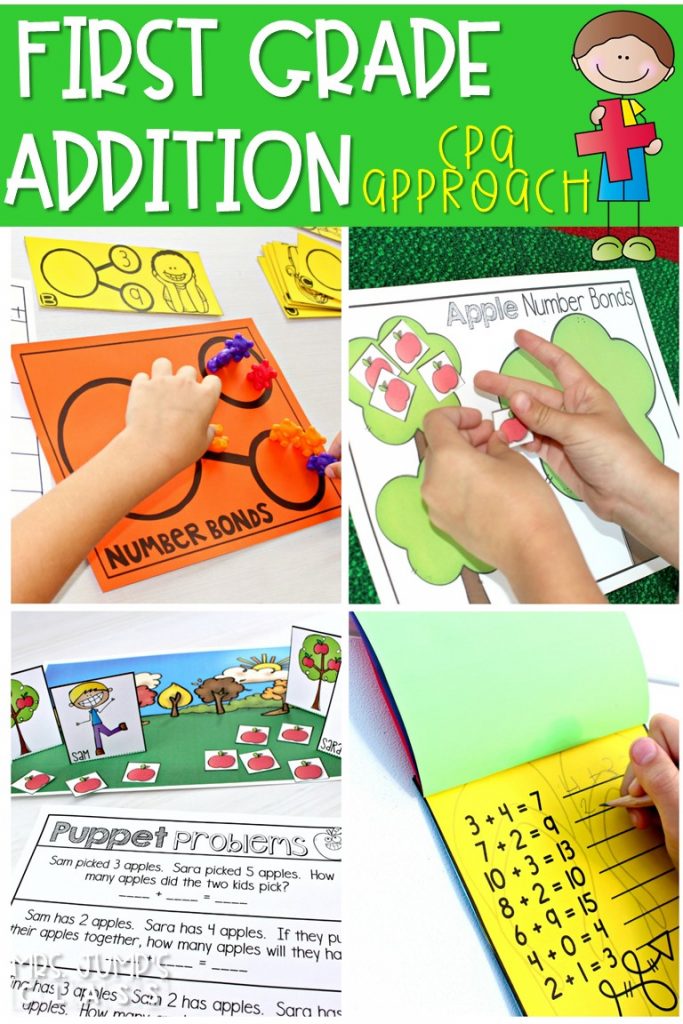 First grade addition activities that follow the research-based CPA approach. From hands-on learning to abstract activities, students become addition experts. #firstgradeaddition #additionactivities #1stgrademath 