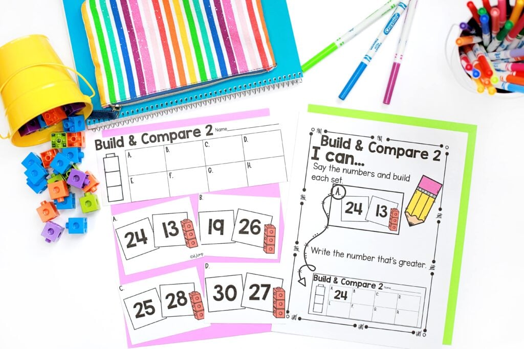 A build and compare activity using snap cubes and task cards