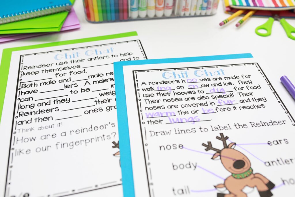 Two printable reindeer chit chat messages with labeling activities
