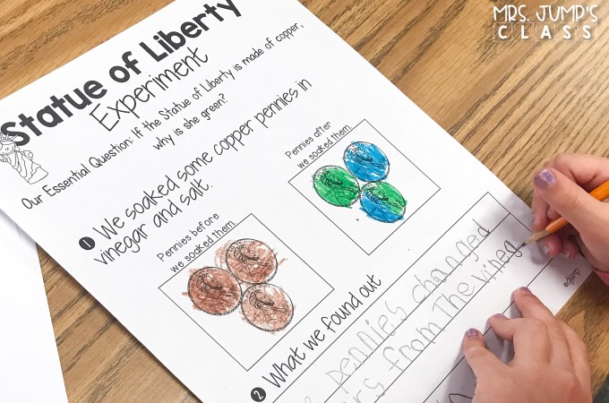 A student has colored pennies brown and green after a Statue of Liberty experiment