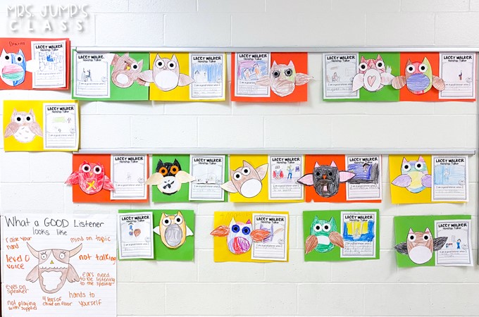 Lacey Walker Nonstop Talker Writing Craftivities on display in a hallway