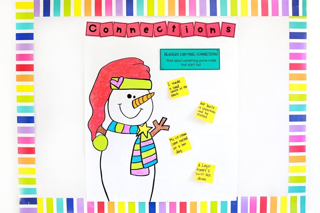 A large snowman craft on a bulletin board labeled "Connections"
