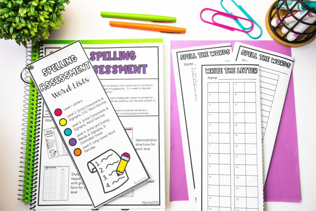 Spelling assessment recording sheets and instructions