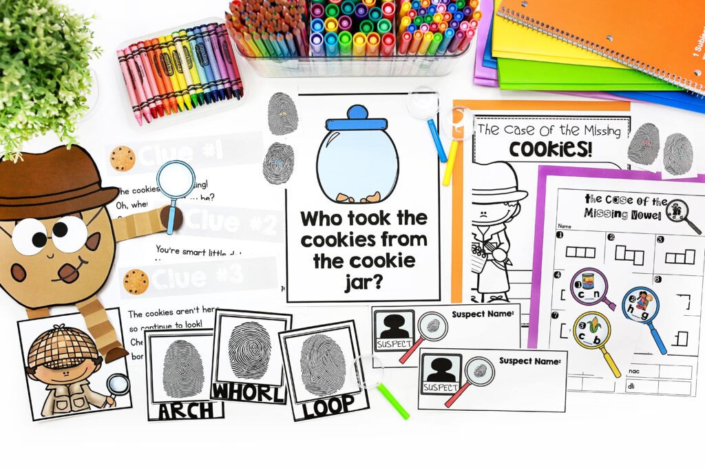 Examples of the different printables included in the cookie detectives unit