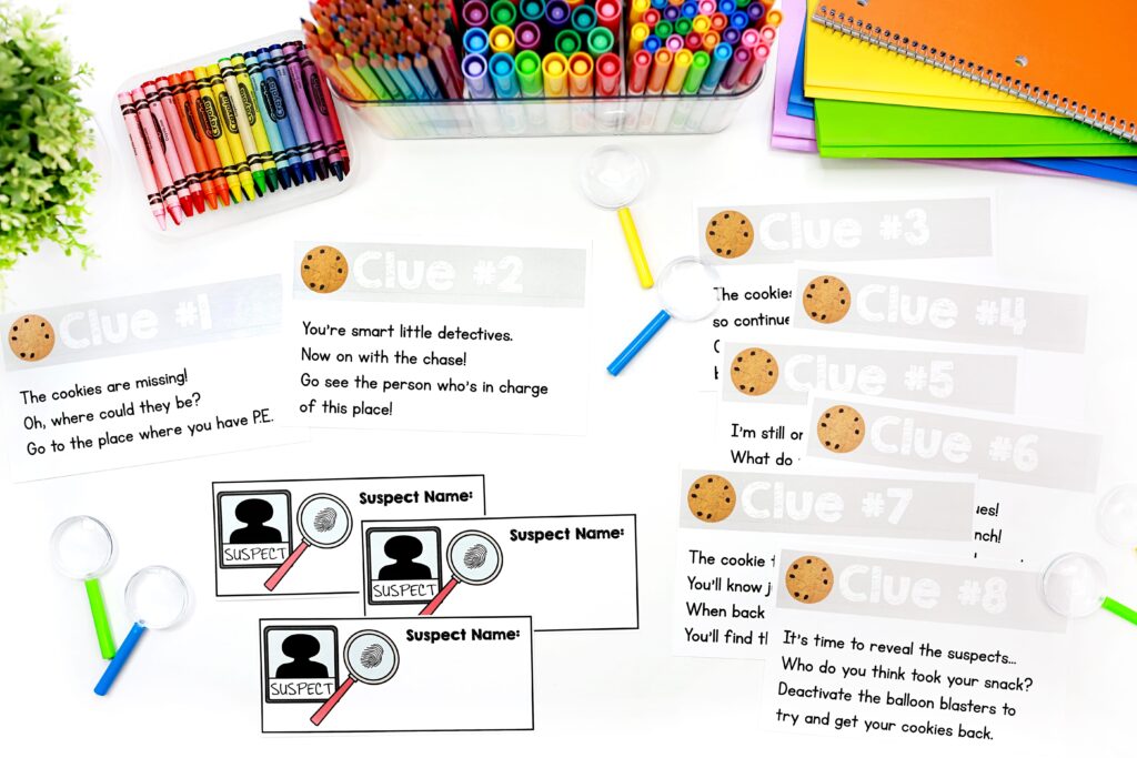 Cards with clues that direct students to different areas of the school