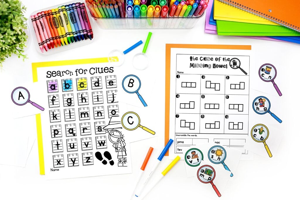 A letter matching activity with magnifying glasses