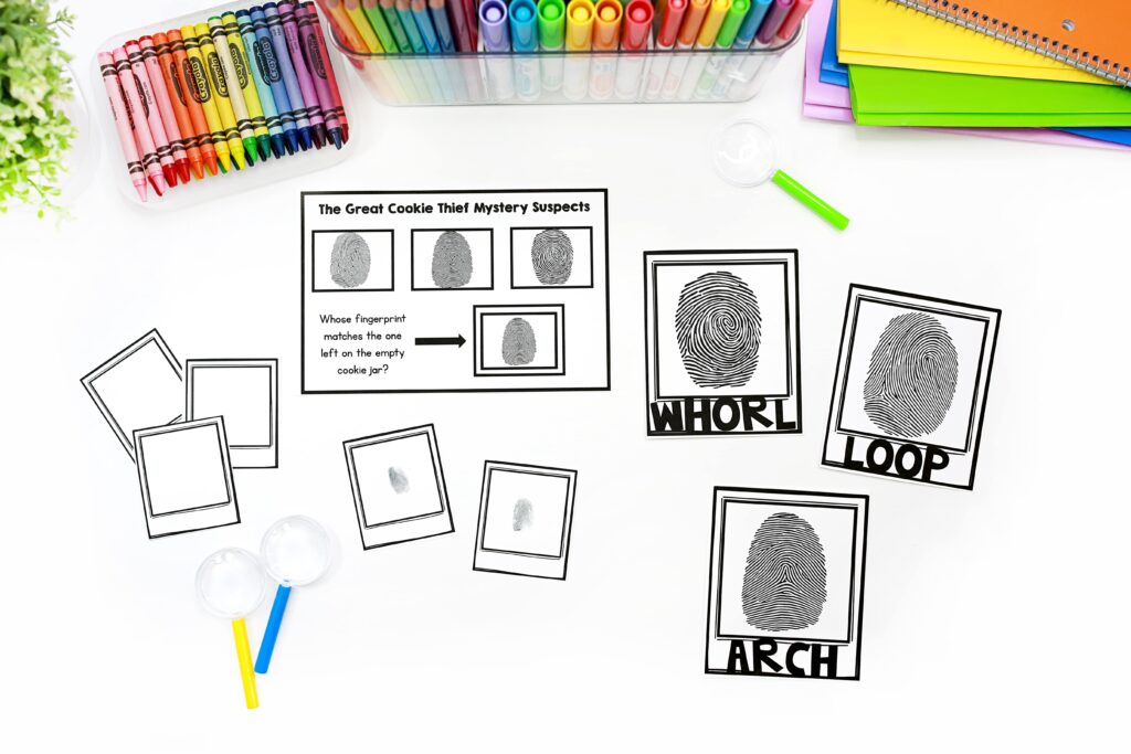 Matching fingerprints to three examples of whorl, loop, and arch fingerprints
