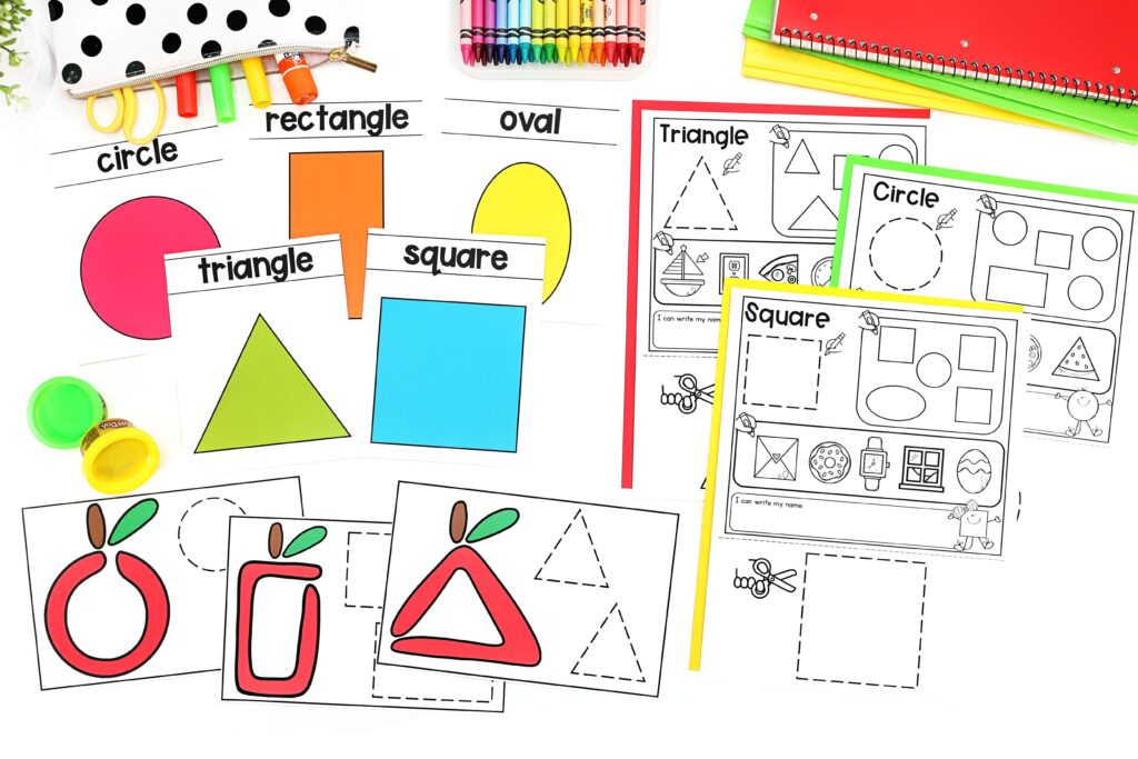 2D shape practice activities with apple play dough task cards
