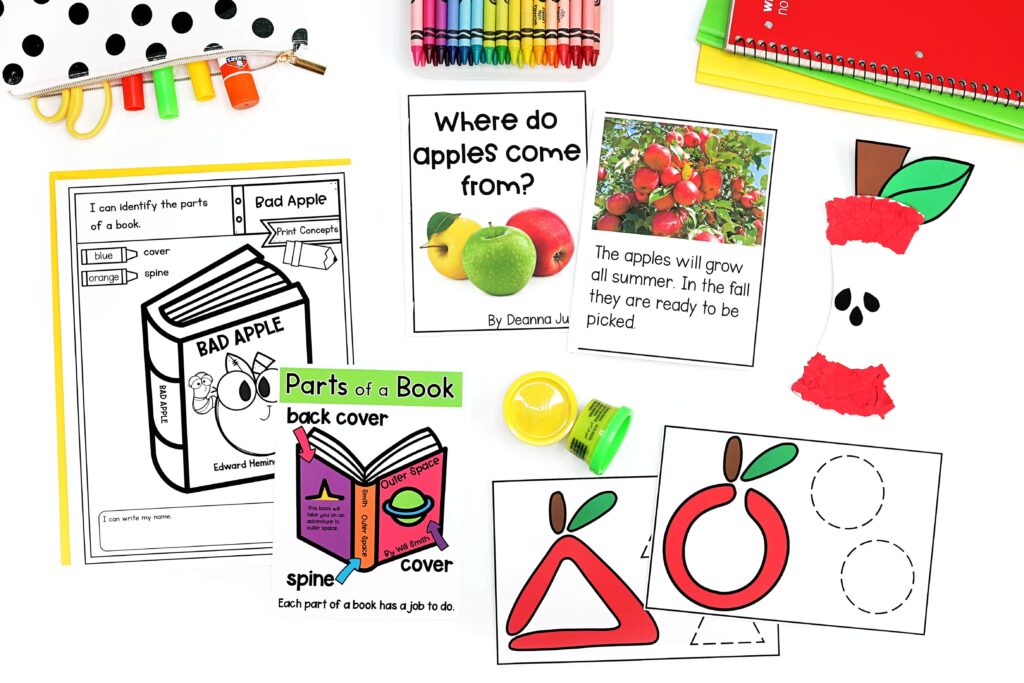 A variety of activities for a preschool apple unit