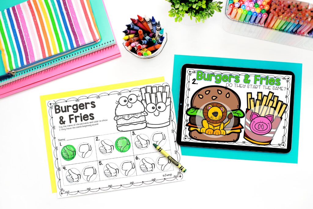 A burger and fries digital beginning sounds center