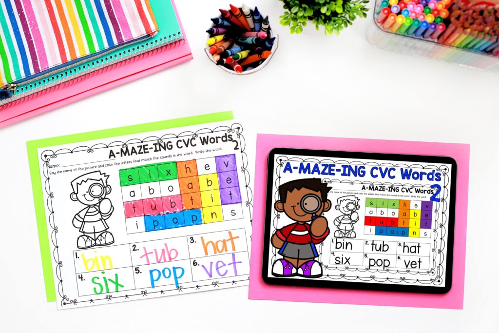 A colorful word search paper with CVC words