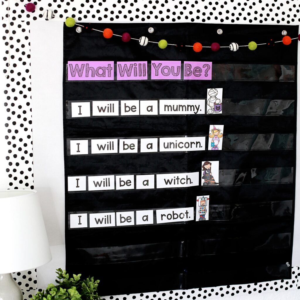 Word and picture cards for a Halloween story in a pocket chart