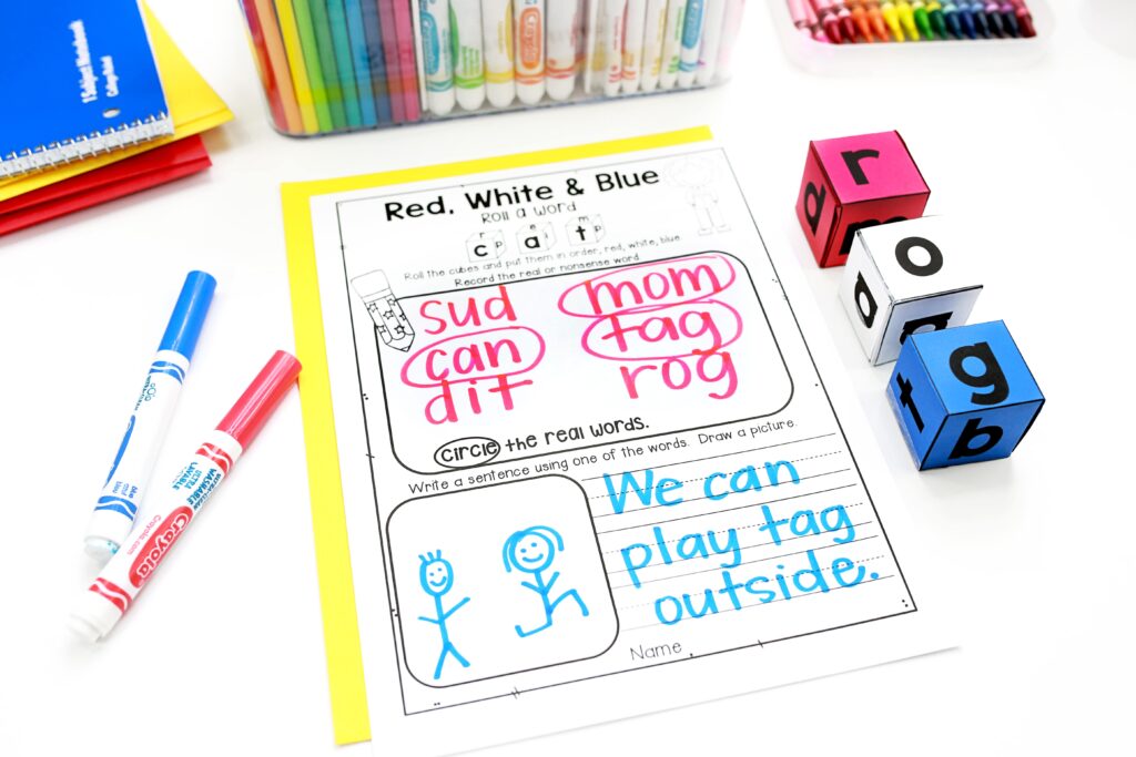 A completed Roll a Word worksheet with three letter dice