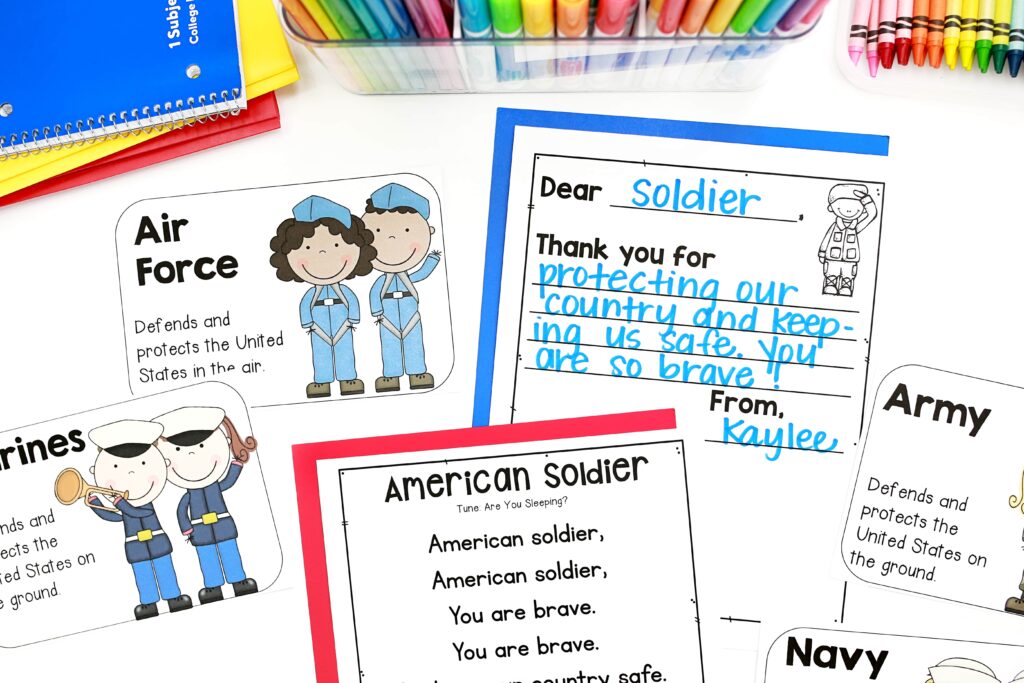 A completed letter to a soldier, along with vocabulary cards for different branches of the military