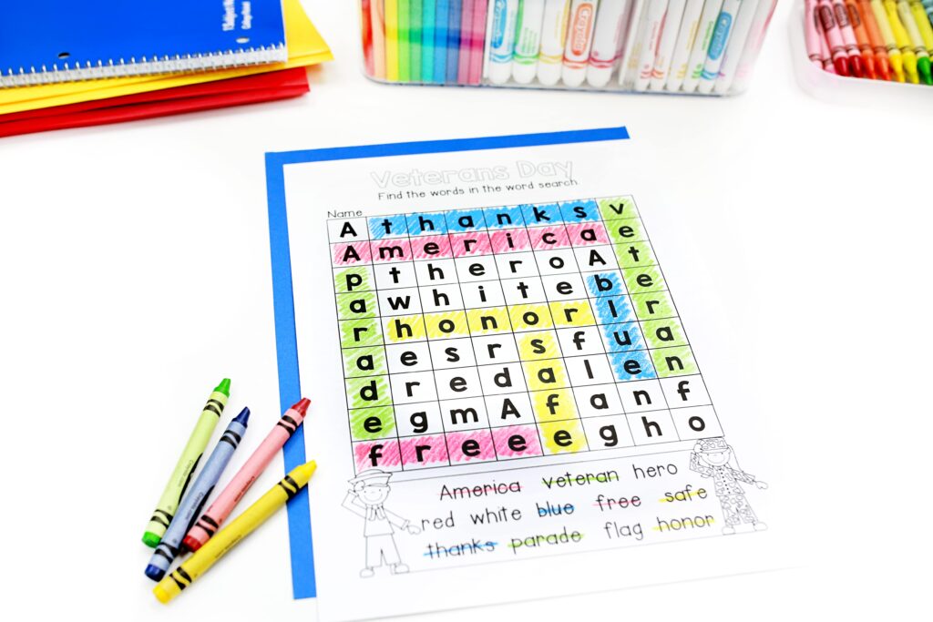 A completed Veterans Day word search worksheet
