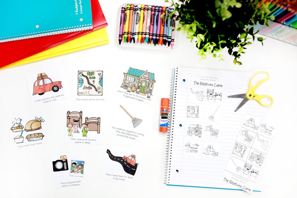 Retelling visuals and a cut-and-paste activity in a notebook