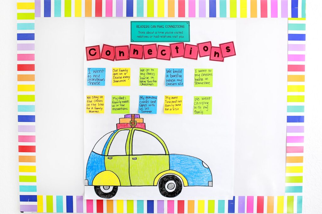 A connections anchor chart with a paper car and post it notes