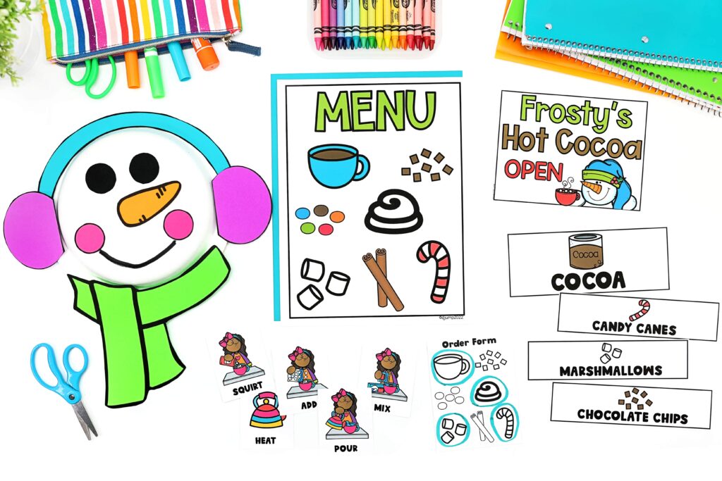 A snowman craft and a dramatic play printables for a hot cocoa stand