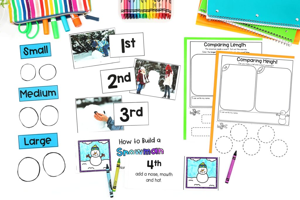 Sequencing and comparison activities for a snowman theme