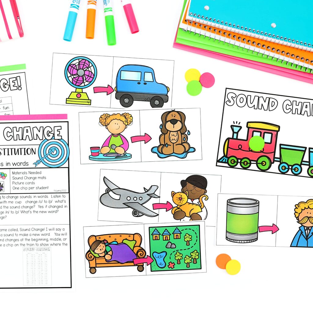 Phoneme substitution picture cards, a train mat, and lesson plan