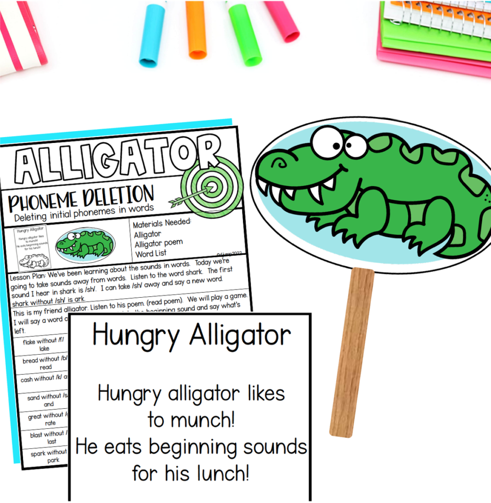 Alligator puppet, poem, and lesson plan for the phoneme deletion activity