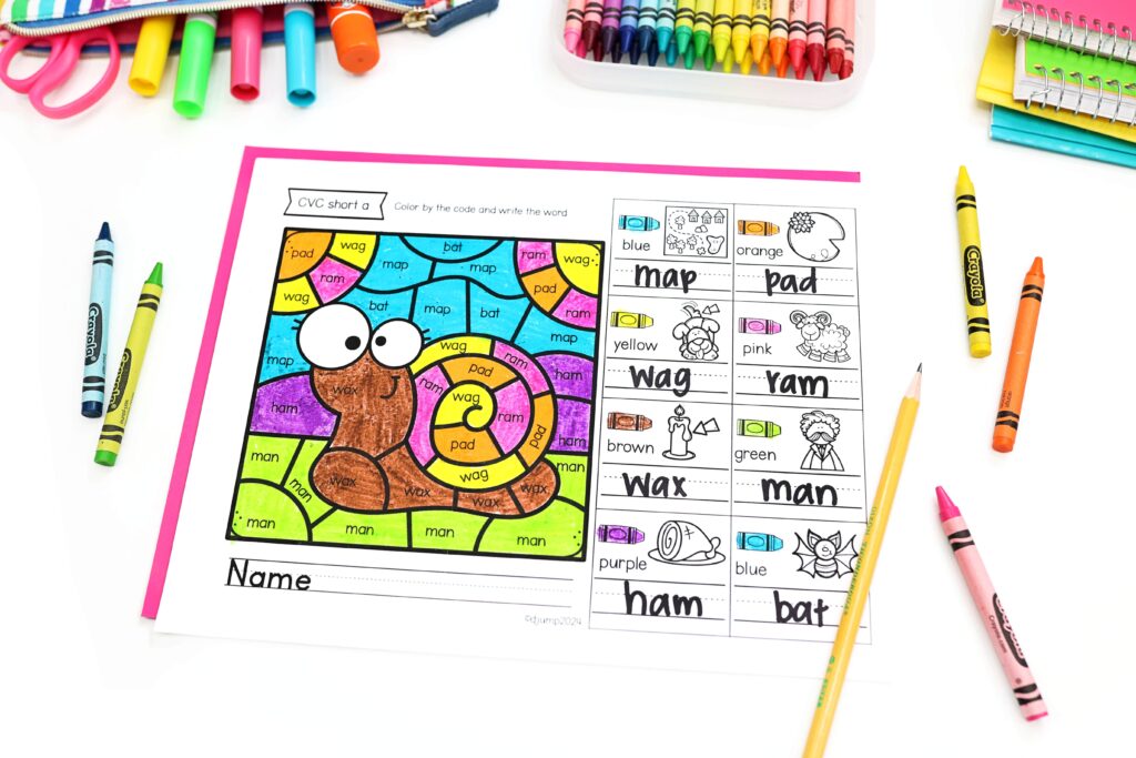 A snail picture for short a vowel color by code activity