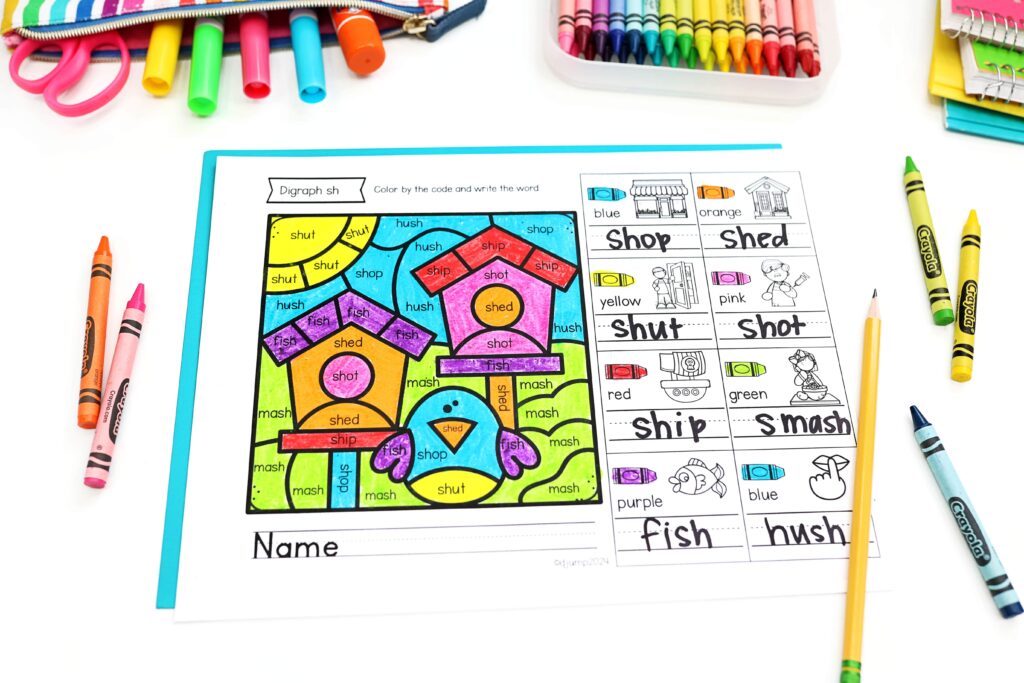 A birdhouse color by code activity that focuses on the /sh/ digraph