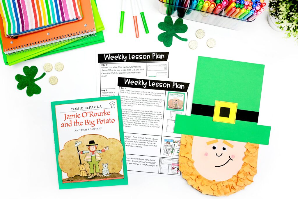 A copy of the Jamie O'Rourke and the Big Potato book, lesson plans, and a craft