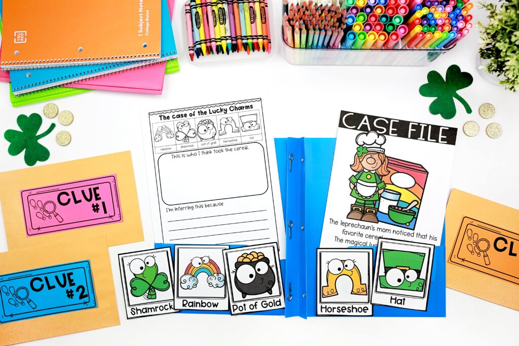 Printables for the Case of the Lucky Charms in a blue folder
