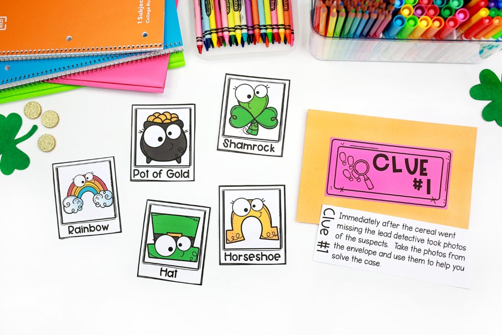The suspect pictures have been pulled out of the envelope for Clue 1