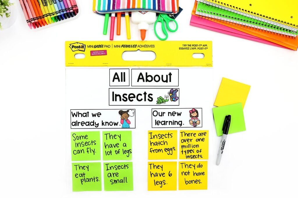 A completed anchor chart titled "All About Insects"