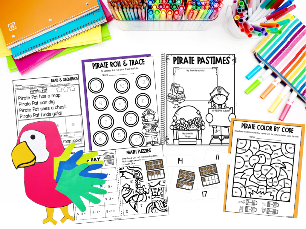 A variety of pirate themed learning activities and a macaw craft