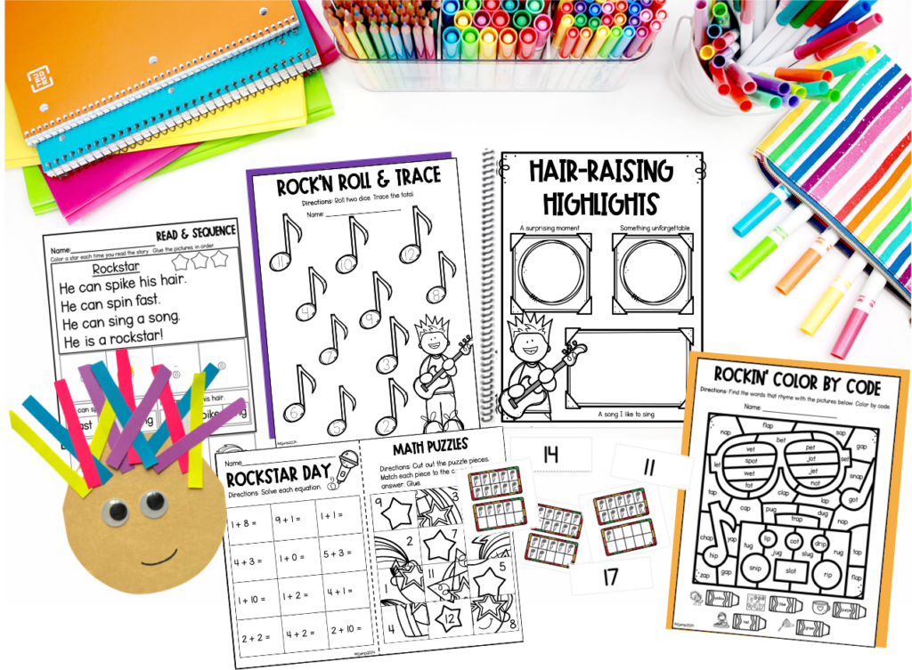 Rockstar-themed learning activities and a crazy hair craft
