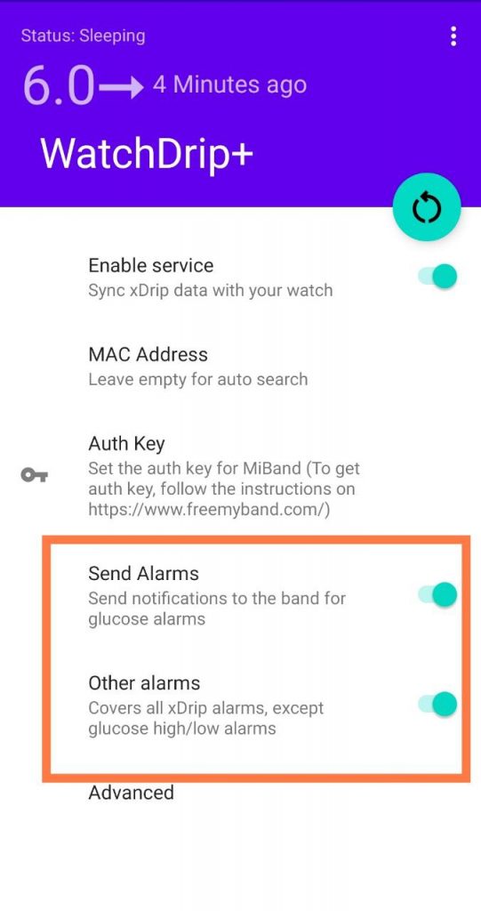 Екран налаштувань додатку WatchDrip+ з опцією відправки сигналів тривоги для глюкозних алертів.