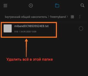 Знімок екрана з папки з файлом 'mibandDC98535524E8.txt' та інструкцією видалити все в цій папці.
