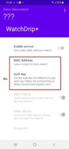 Екран додатку WatchDrip+ з налаштуваннями, включаючи MAC-адресу та ключ авторизації.