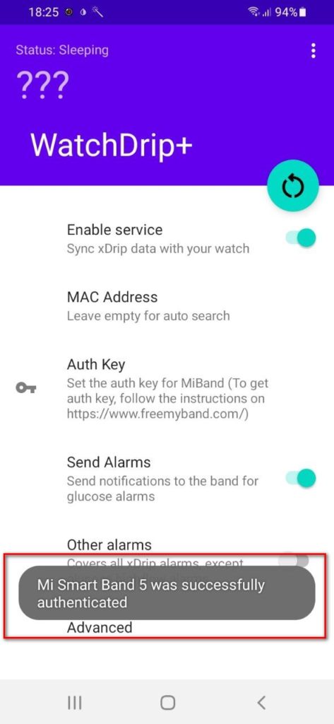 Скріншот налаштувань додатку WatchDrip+ з повідомленням про успішну автентифікацію Mi Smart Band 5.