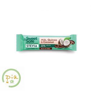 Плитка молочного шоколаду Sweet&Safe без цукру з кіноа та кокосом, 25 г, підсолоджена стевією.