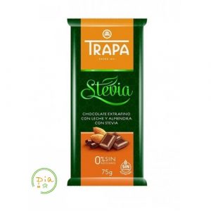 Шоколад з мигдалем без цукру та глютена Trapa, зелена упаковка, зображено шоколадні плитки та ор.