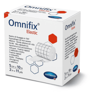 Гіпоалергенний пластир Omnifix Elastic 5см на 10м, білий, з текстильним покриттям, з клеєм, на упаковці.