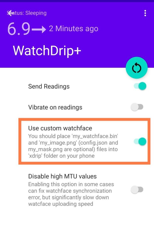Налаштування додатку WatchDrip+ з опцією використання власного циферблату для Android.