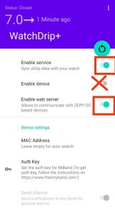 Екран налаштувань додатку WatchDrip+ для синхронізації та налаштувань пристрою.