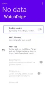 Зображення екрана з повідомленням 'No data' та опціями налаштувань для xDrip+ на смартфоні.